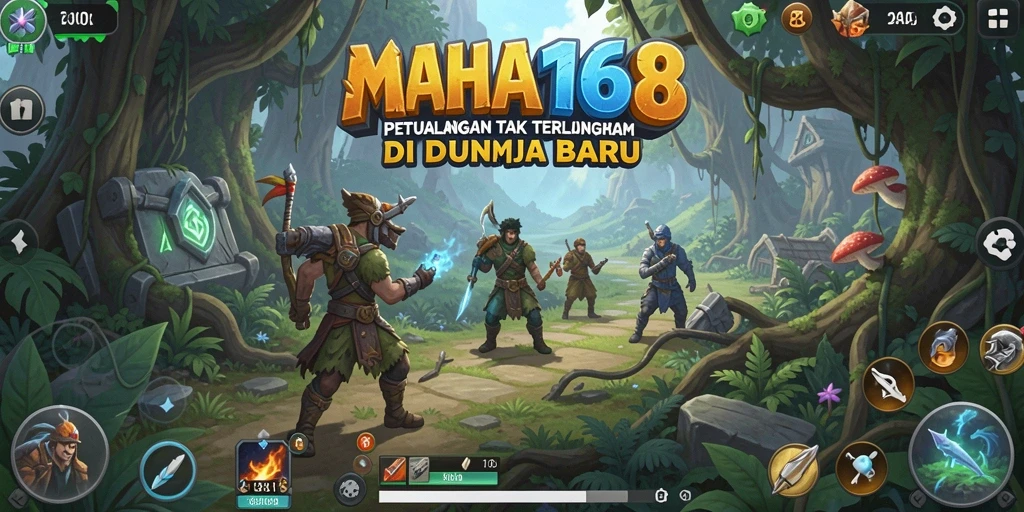 Tangkapan layar utama <strong>MAHA168</strong> menampilkan adegan petualangan yang penuh aksi.