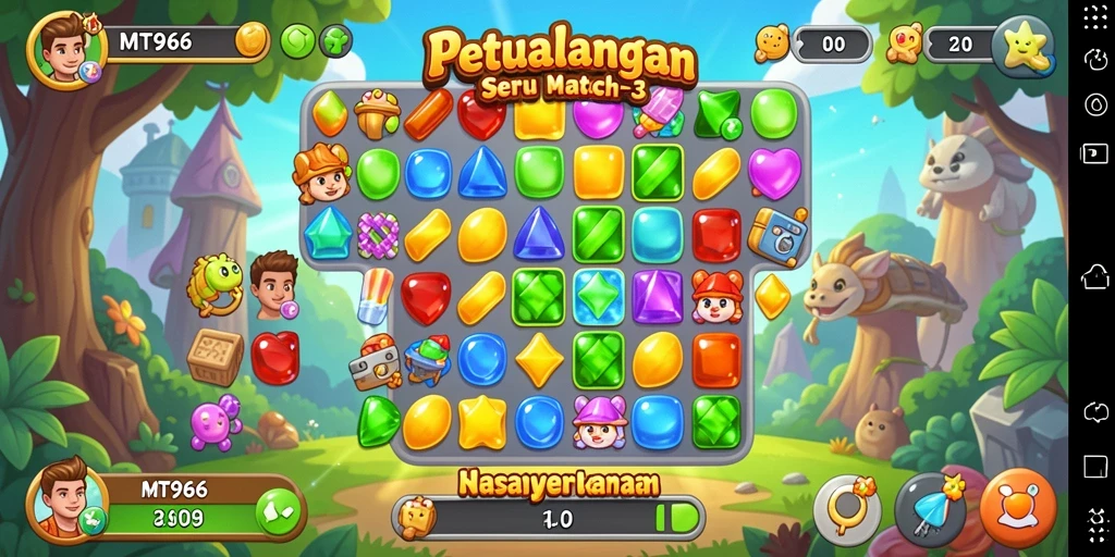 Screenshot utama dari gameplay Match-3 yang menakjubkan.