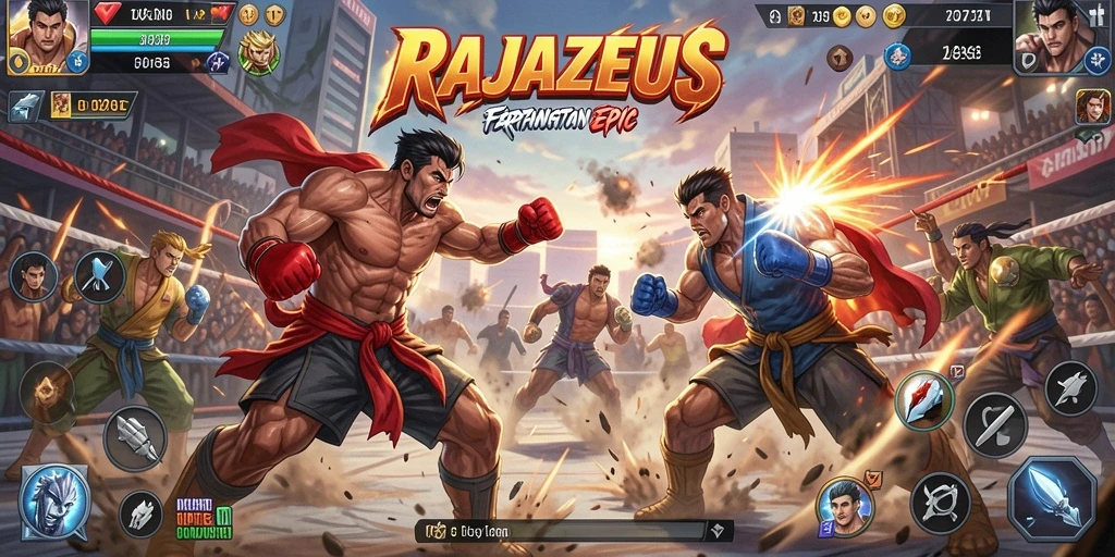 Menampilkan momen pertarungan seru di <strong>RAJAZEUS</strong> dengan efek grafis yang menawan.