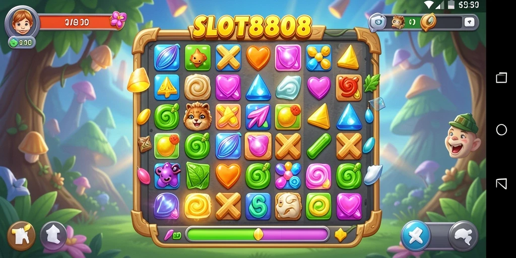 Tampilan gameplay seru dalam SLOT8808 dengan kombinasi simbol Match-3.