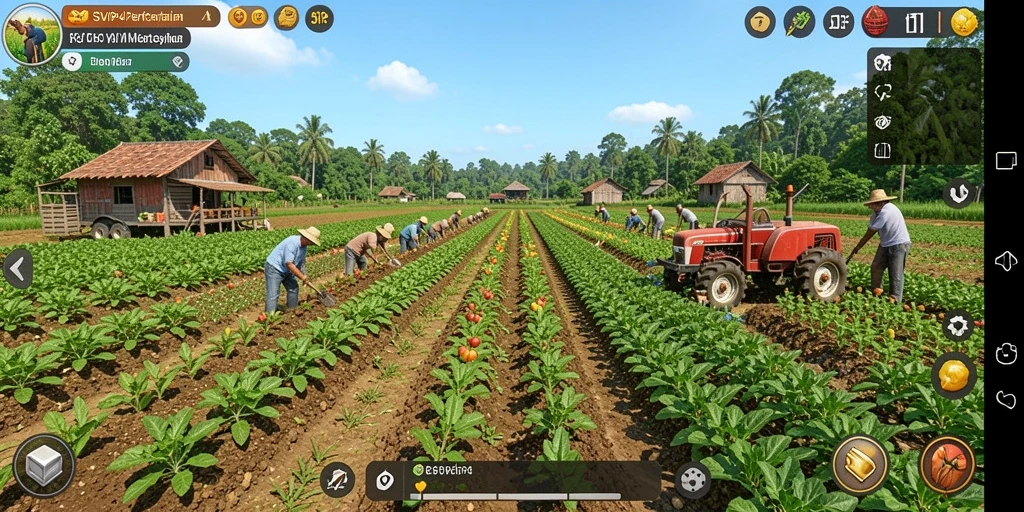 Tangkapan layar gameplay SVIP4 yang menunjukkan aktivitas bertani.